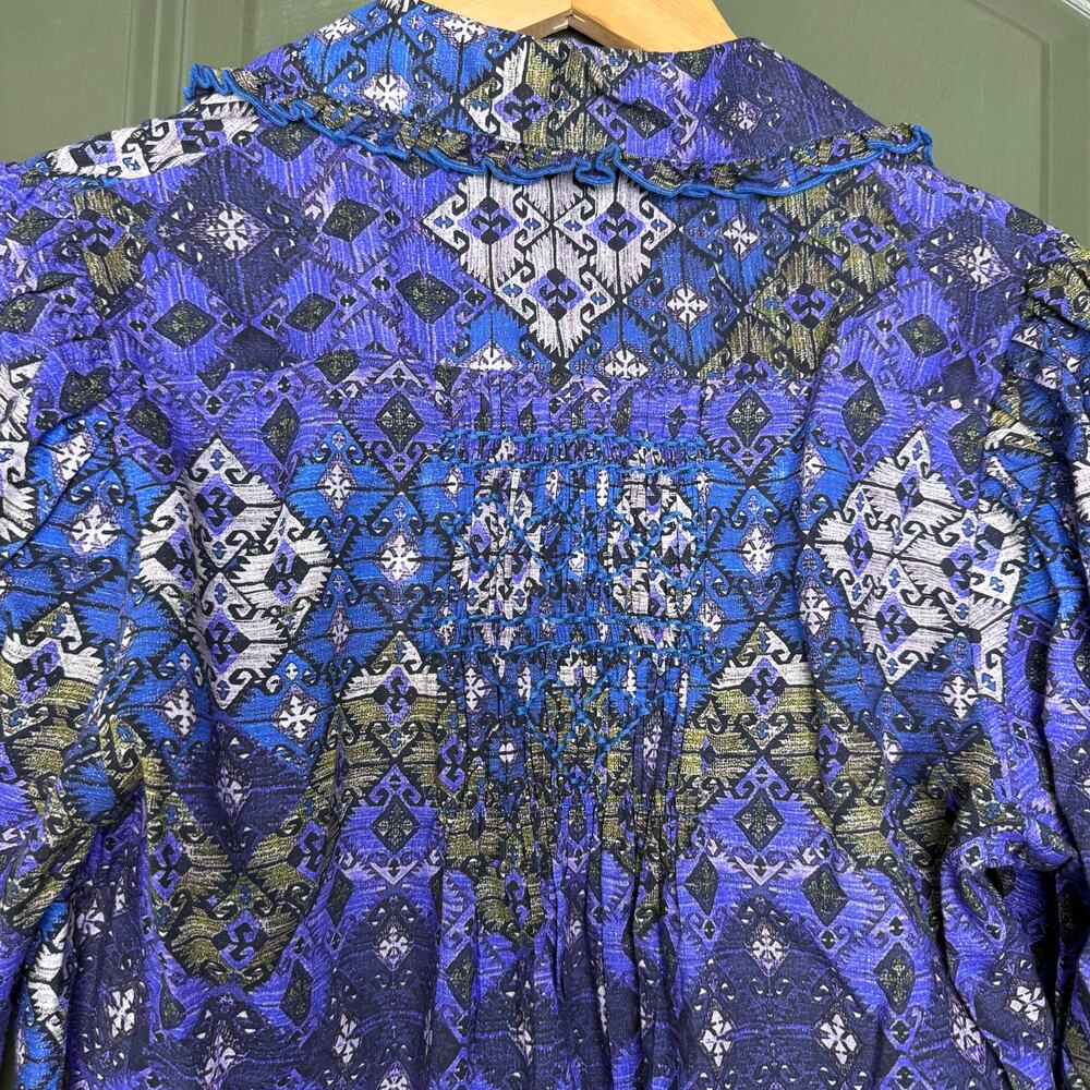 NWT Ro's Garden Gin Button-Up Collared Geometric Shirt Lachen Blue Purple XS - Picture 6 of 7